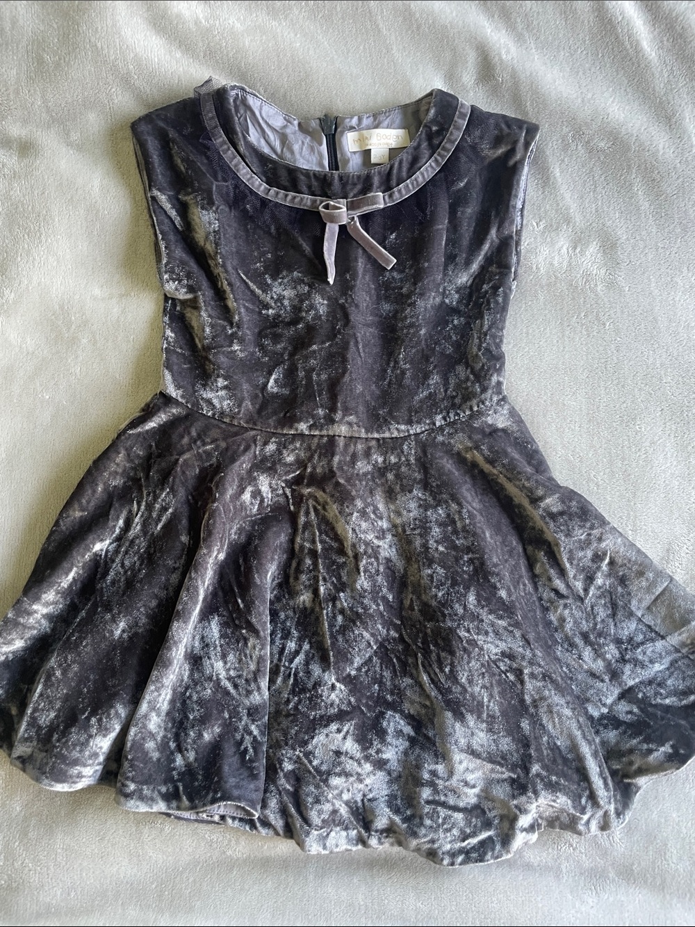 Mini Boden Girls' Crushed Velvet Dress in Charcoal Gray with Bow Trim